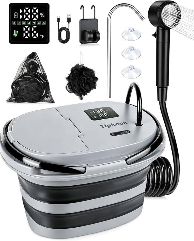 Portable Shower with 20L Foldable Bucket: Integrated Bucket + Shower Head,13000mAh Rechargeable Camping Shower with LED Display, Fruit Wash Mode, IPX8 Waterproof & 5-Speed,Portable for Travel,Pet Bath