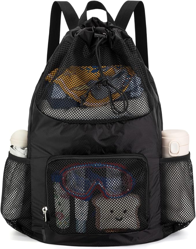 Swim Bag for Kids Mesh Beach Backpack for Boys Lightweight Drawstring Beach Bag Swimming Pool Sports Gym String Bag (Black)