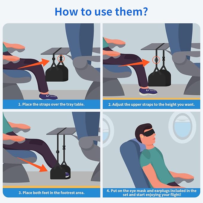 CushZone Foot Hammock Airplane Foot Rest for Train, Length Adjustable Travel Essentials with Eye Mask and Earplugs, Desk Foot Rest, Flight Essentials Airplane Foot Hammock (1 Set)