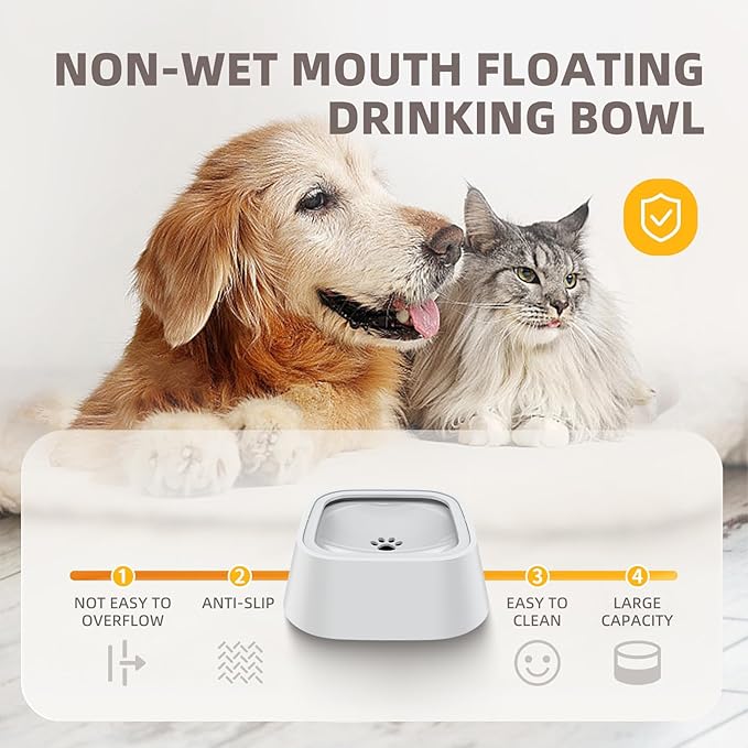 Splash-Proof Dog Drinking Bowl & Cat Water Bowl, 2-in-1 Pet No-Spill Slow Feeder with Floating Disk