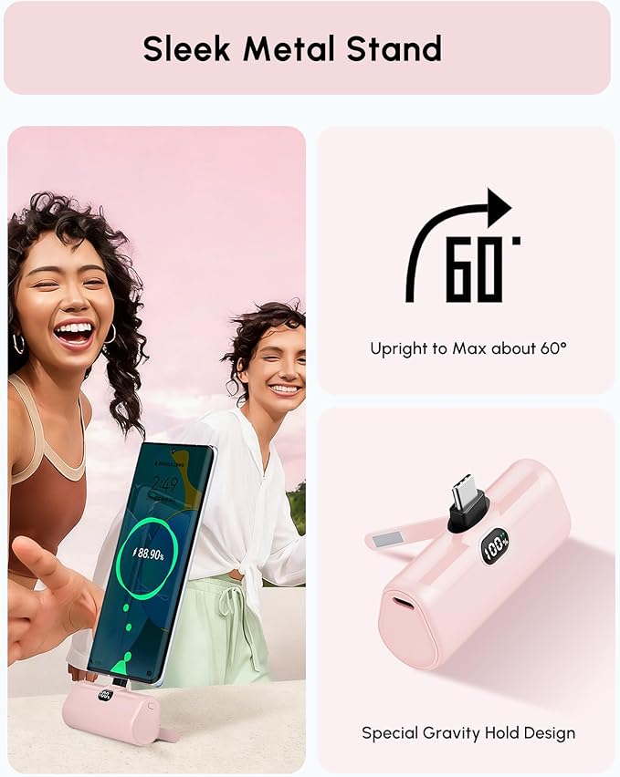 Lightweight Pink USB C Power Bank Portable Charger 5000mah with Kickstand for iPhone 17,Type-c Battery Pack Charger with Digital Display for iPhone 16/Samsung/Android phones, Pinky Gift for Her Phones