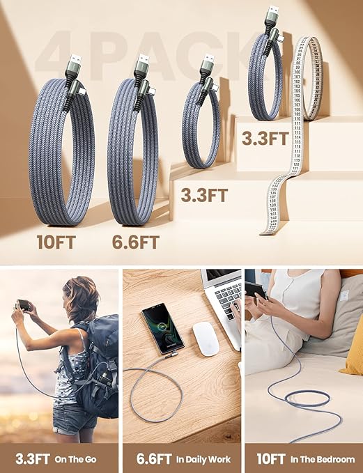 AINOPE USB C Cable 4-Pack [10/6.6/3.3/3.3FT] 3.2A 90 Degree USB C Cable Packs, Nylon Braided Angled USB C Cable Fit for Galaxy S10 S9 S8 Plus S21, Note 10 9 8, LG, Galaxy S21 Charger Fast Charging
