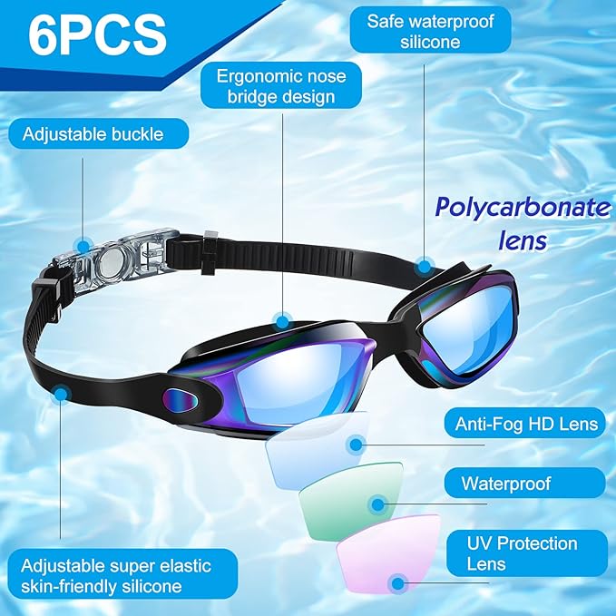 Flutesan 6 Pack Swim Goggles for Adult Anti Fog Swimming Glasses with Ear Plugs Nose Clip No Leaking Full Protection Goggles