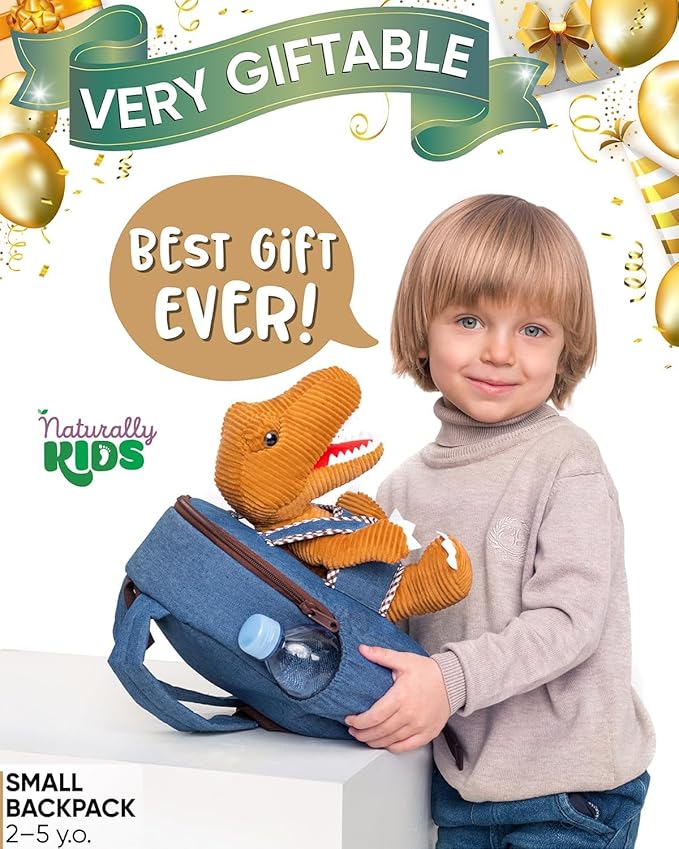 Naturally KIDS 【Upgraded】 Toddler Backpack with Detachable Dinosaur Toy for Boys | Side & Inner Pockets, Reflective Logo | Dinosaur Backpack for Kids 3-5