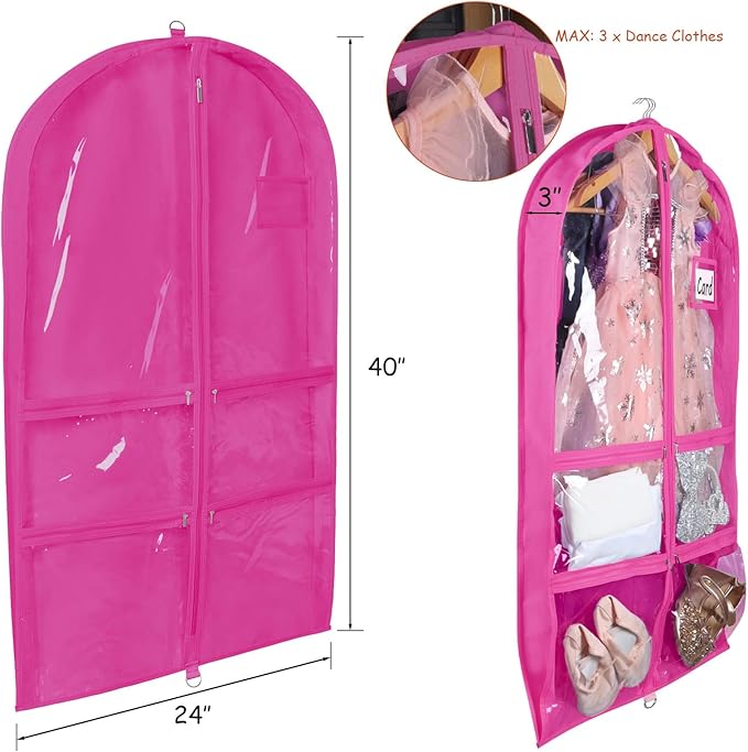 Syeeiex 3" Gusseted Dance Costume Garment Bag(2 Pack), 40'' Dance Garment Bags for Dancers with 4 Zipper Pocket & Can Hold 1-3 Dance Costumes - Suitable for Dance Competitions,Ballet(Rose Red)