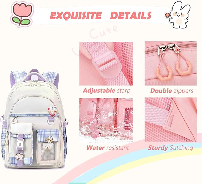 PRLINJSK Girls Backpack，Cute School Backpack for Girls Kids Teens，Kawaii Bookbag for Primary Elementary，White