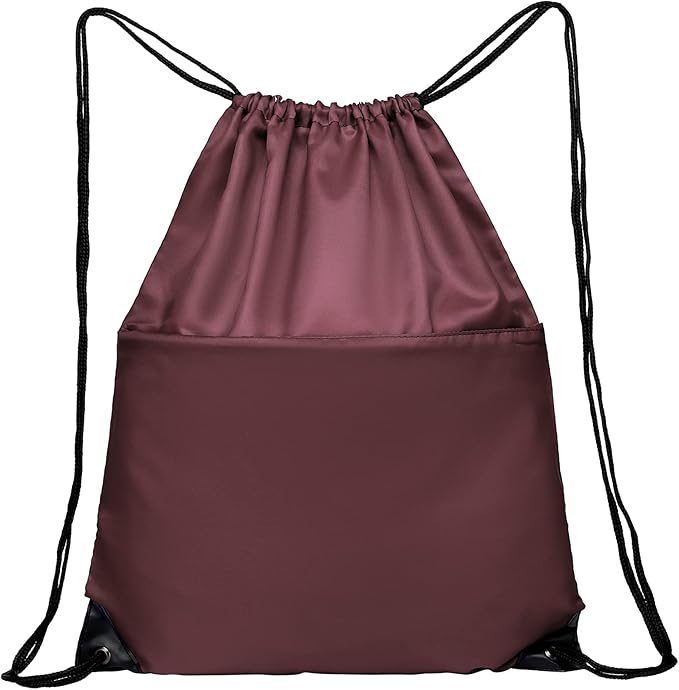 Drawstring Backpack Sports Water Resistant String Bag Sport Gym Sackpack for Women Men Large with Zipper, Burgundy