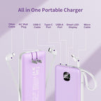 penaover Portable Charger with Built-in Cables&AC Wall Plug,Slim 10000mAh 22.5W Fast Charging Power Bank,5 Output 2 Input USB-C External Battery Pack Compatible with iPhones,Samsung,Android, etc