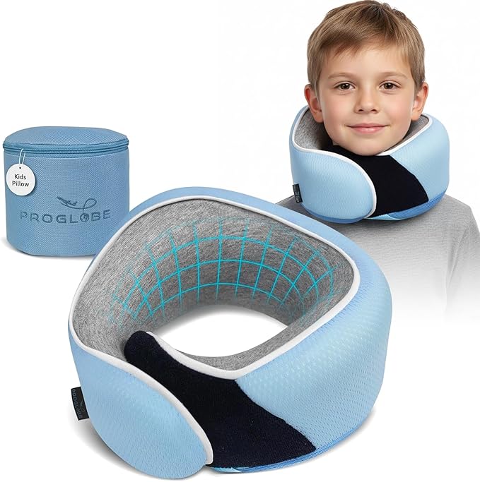 Proglobe Junior Kids Travel Neck Pillow - Ergonomic Memory Foam Pillow for Airplane, Car, Booster Seat - Soft, Washable, Compact Travel Pillow with Strap - Light Blue - Ages 4 Years and Up