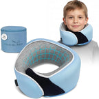 Proglobe Junior Kids Travel Neck Pillow - Ergonomic Memory Foam Pillow for Airplane, Car, Booster Seat - Soft, Washable, Compact Travel Pillow with Strap - Light Blue - Ages 4 Years and Up