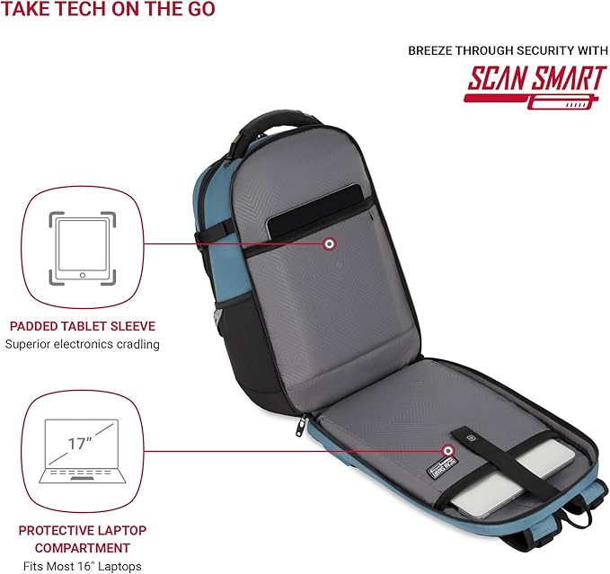 SwissGear Travel Tech Pro Laptop Backpack – Fits Laptops up to 16” – ScanSmart TSA-Friendly Backpack with Multiple Organizer Pockets – Blue