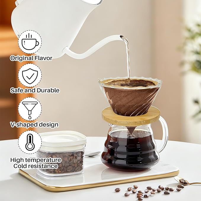 Gute Glass Coffee Dripper/Filter - Cone Glass Pour Over Coffee Dripper with Bamboo Stand & Handle, Size V02 Coffee Maker Funnel Accessories for Home, Office，1-4Cups
