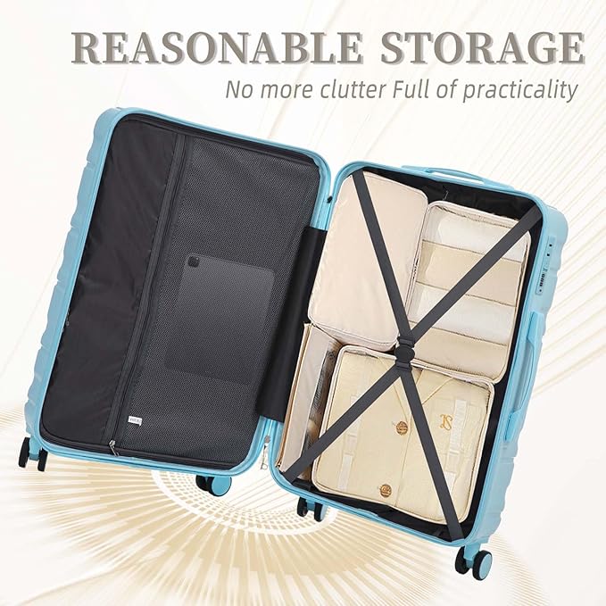 3-Piece Hard Luggage Set (20” 24” 28”) with Spinner Wheels, TSA Combination Lock, ABS Hard Shell Luggage, Suitcase Set with Carry On, Medium & Large Checked Bags for Men, Women(Blue)