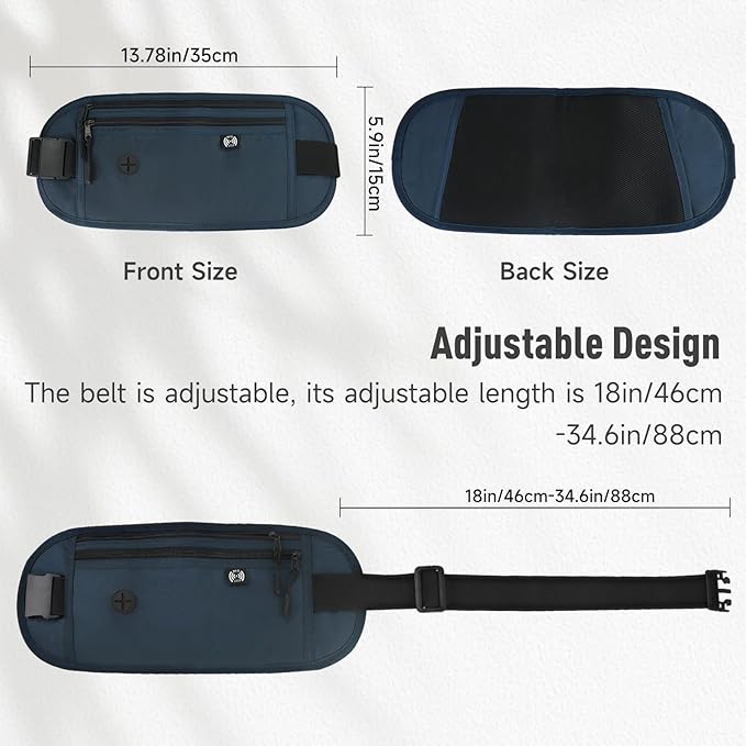 FuninCrea Waterproof Hidden Money Belt for Travel, Anti-Theft Belt Bag with RFID Blocking Function Adjustable Slim Waist Bag with 2 Zipper Pockets and 1 Back Pocket for Men and Women (Style l, Blue)