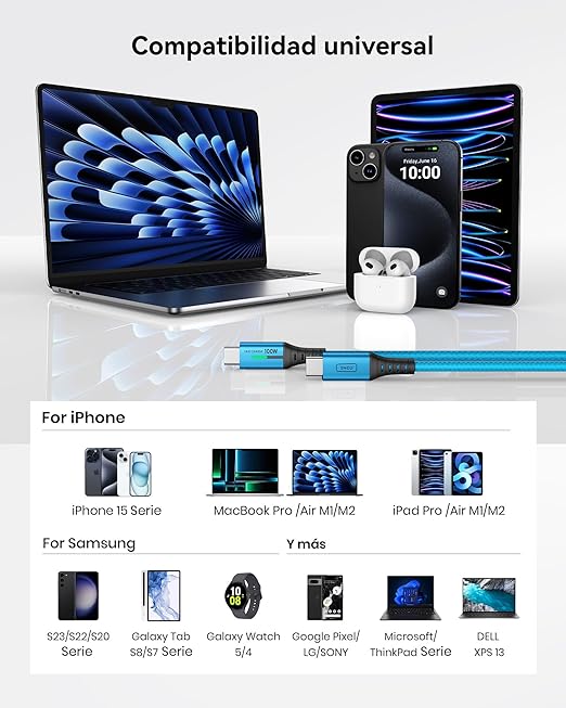 INIU 100W USB-C Cable, [6.6ft, Blue] 2-Pack USB C Cable to USB C Fast Charging Cord, Braided Type C Charger Cable for iPhone 17 16 15 Pro Max Samsung S25 S24 Laptops MacBook iPad Air Switch etc.