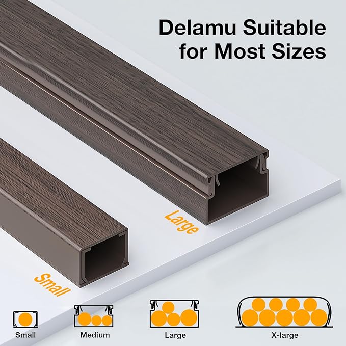 Delamu 157in Cord Hider Wall, TV Cable Hider Cord Covers for Wires on Wall, Large Cable Cover Raceway to Hide 2-4 Cords, Wire Hiders Wire Covers for Cords for TV on Walls, W1.18 H0.6in, Darkwood