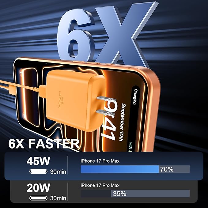 iPhone 17 16 Pro Max Charger Fast Charging, 45W USB C iPhone 17 16 Super Fast Charger Block with 10ft Long Type C Charging Cable Cord for iPhone 17 Pro Max/17 Pro/17 Air/17/16/16Pro-Cosmic Orange