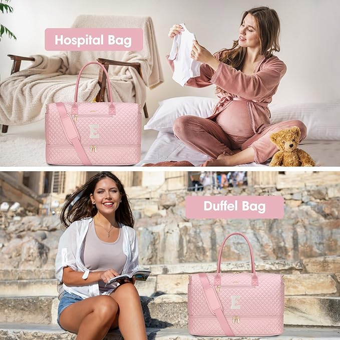 Letter Weekender Bags for Womens - Duffle Bag with Shoe Compartment Personalized Overnight Bag with Toiletry Bag Duffel Bags for Gym Hospital Bags Gift for Women Pink (Letter E)