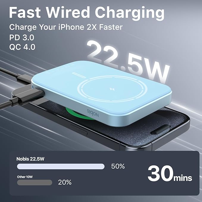 NOBIS Slim Magnetic Power Bank 5000mAh with Built-in Cable Wireless Portable Charger QC 3.0 22.5W PD Fast Charging USB C in/Out, for MagSafe Battery Pack for Phone 16 Android