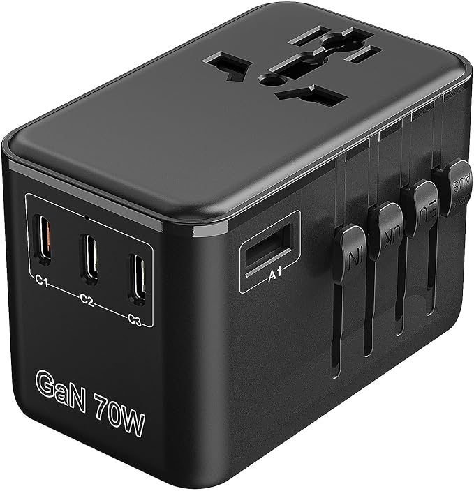 Universal Travel Adapter 70W GaN - International Power Adapter 3 USB C 1 USB A, Worldwide Travel Essentials, European Travel Plug Adapter for Laptop, Phone, Type C/G/D/I/A