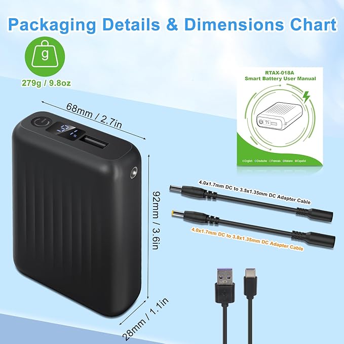 Battery Pack for Heated Vest，Heated Vest Battery Pack 18400mAh 5V, 7.4V, 9V, 12V Rechargeable Power Bank for Heated Vest, Heated Jacket with DC/USB/Type-C Output LED Display