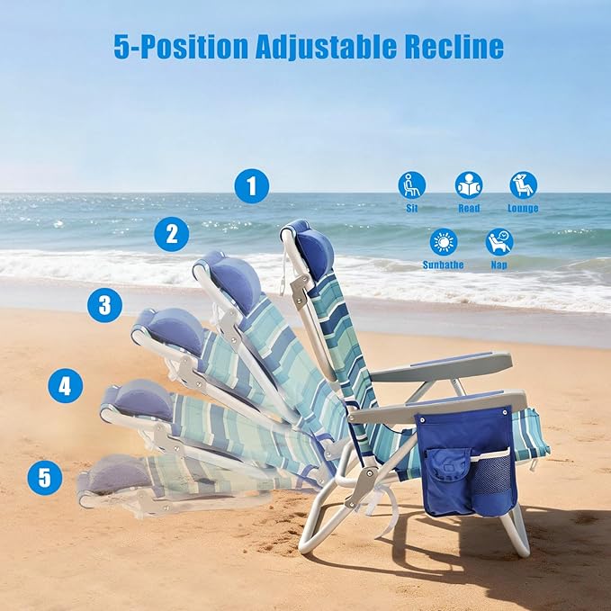 SUNNYFEEL Low Beach Chair, 5-Position Lay Flat Reclining, Backpack Portable Folding Chair with Cooler Bag & Cup Holder, Heavy Duty 350 LBS, Compact for Beach, Camping, Travel