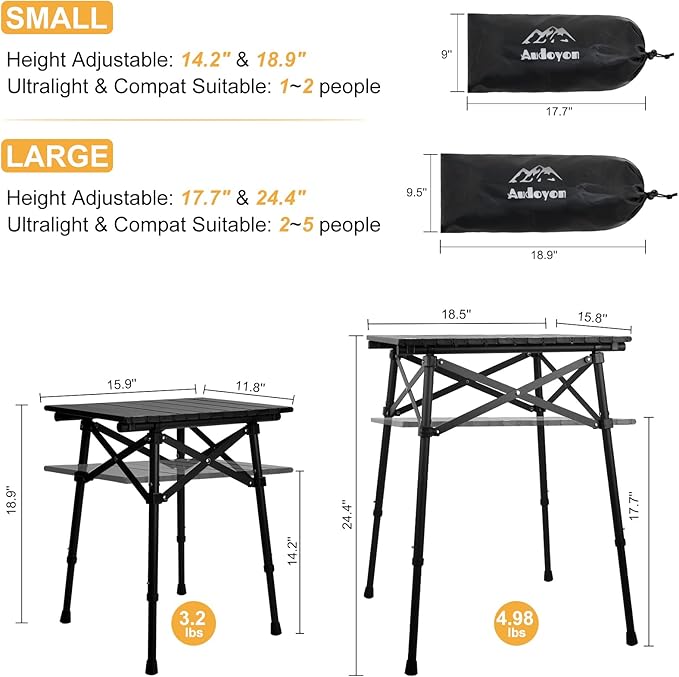 Folding Camping Table - Small Outdoor Table with Storage Bag - Adjustable Height 14.2'' & 18.9'', Portable Lightweight Aluminum Foldable Side Table for Picnic, BBQ, Beach & Tailgating (Small)