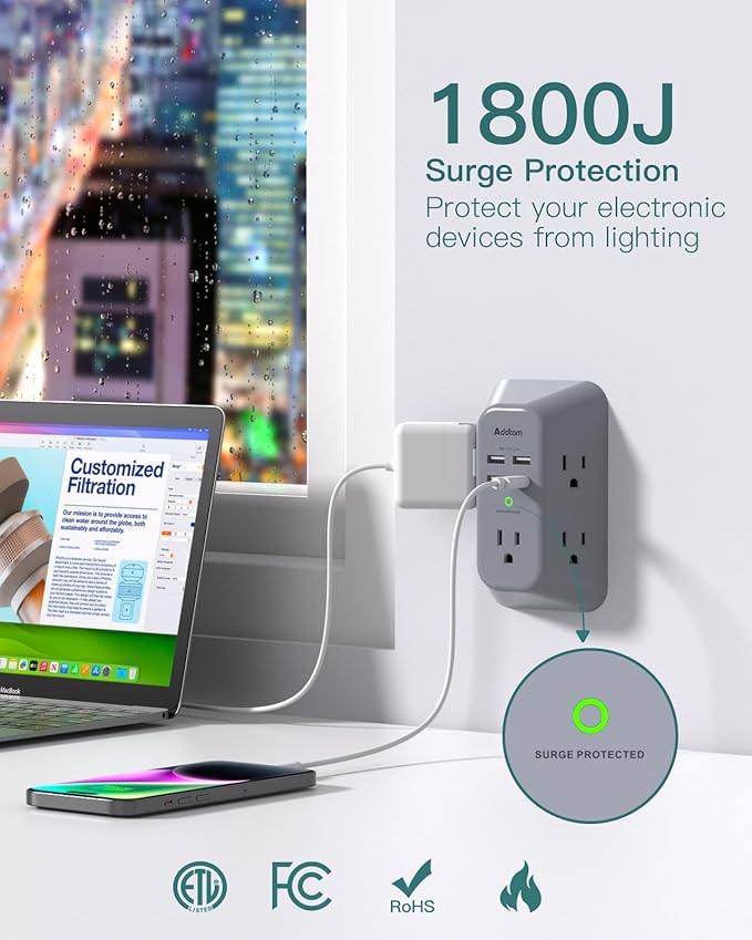 Addtam Surge Protector Outlet Extender, Multi Plug Wall Outlet with 4 USB Ports(PD 20W), 3-Sided 1800J Power Strip Plug Extension Outlet Splitter, Gray