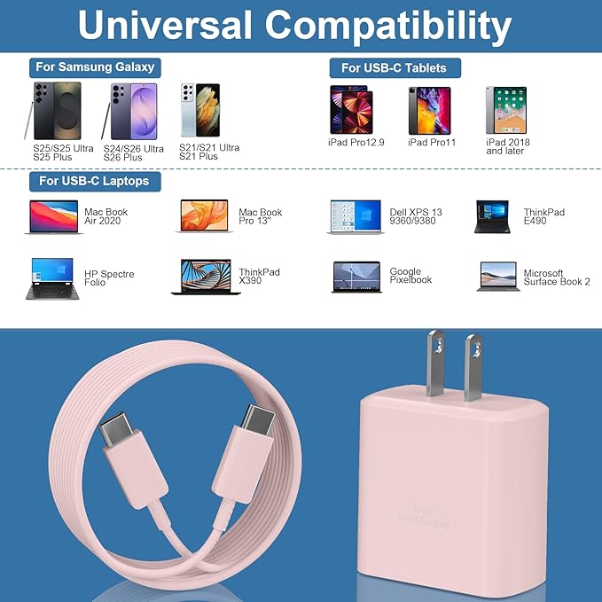 45W USB-C Super Fast Charger Type C Android Phone Charging Block for Samsung Galaxy S26 S25 S24 S23 Ultra/S26 S25 S24 S23 S22 S21 S20/Note 10/20,PPS Charger with 6.6FT Cord-Pink