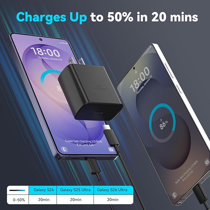 45W Super Fast Charger USB Type C Charger Cord 12FT with Android Phone Charger Fast Charging Block for Samsung Galaxy S26/S26 Ultra/S26+/S25/S25 Ultra/S25+/S24/S23/S22/S20/S21/Note 20/Note 10, Black