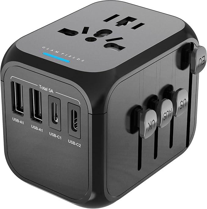 GLAMFIELDS Universal Travel Adapter Worldwide All in One International Wall Charger AC Plug Adaptor with 2 USB-C and 2 USB-A Ports for 200+ Countries 100V-250V (EU UK USA AU Plug) Black