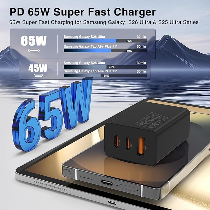 65W Super Fast Charger Type C for Samsung,3 Port 100W Quick Charging 3.0 USB C Block & 3/6/10/10FT Braided Type C Cord for Samsung Galaxy S26 Ultra/S26/S25 Ultra/iPhone 17 Pro/MacBook Pro/Air-Pink