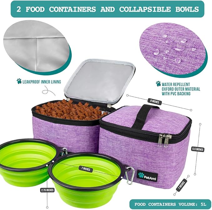 PetAmi Dog Travel Bag, Travel Pet Bag Organizer, Dog Food Travel Bag with Container Collapsible Bowls, Pet Travel Supplies Gift Accessories for Weekend Camping, Puppy Cat Diaper Bag, Purple Large