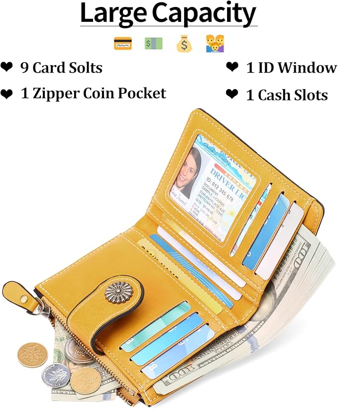 Small Wallet for Women Bifold Credit Card Holder RFID Blocking with Zipper Pocket