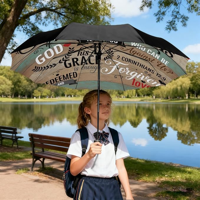 Travel Umbrella for Rain Sun - Scripture Quotes Windproof Compact Auto Open Close Umbrellas for Women Kids, Automatic Reverse Folding Small Cute Umbrella for Backpack, Commute, Car