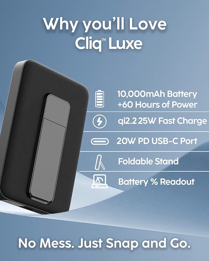 myCharge CliqLuxe Magnetic Wireless Power Bank 10,000mAh | iPhone & MagSafe Compatible | Qi2.2 25W Mag Safe Portable Charger | Built-in Stand | 20W PD USB-C Port | Premium Black Fabric