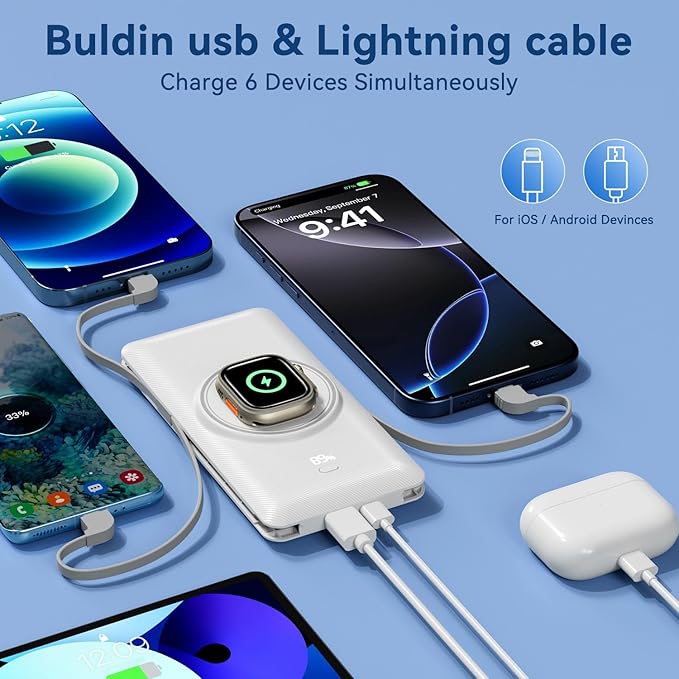 Magnetic 10000mAh Portable Charger for iWatch & iPhone, PD Fast Charging Wireless Power Bank Built-in Cables and Wall Plug, External Travel Battery Pack Compatible with iOS Android Phones