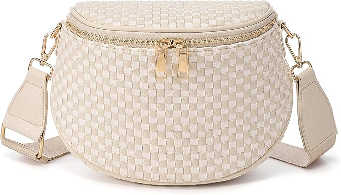 Trendy Woven Checkered Crossbody Bum Bag for Women，PU Leather Checkered Purse Fanny Packs Belt Bag (Woven Bum Bag - Beige White)