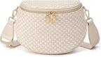 Trendy Woven Checkered Crossbody Bum Bag for Women，PU Leather Checkered Purse Fanny Packs Belt Bag (Woven Bum Bag - Beige White)