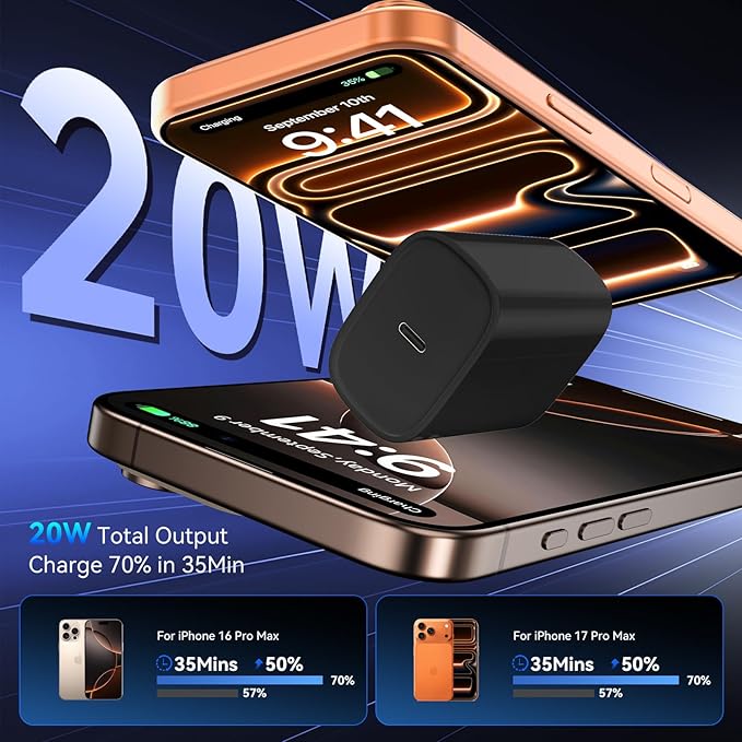 Phone 17 16 15 Pro Charger Fast Charging, 20W USB C Fast Charger Block with 12FT Long Type C Chargers Fast Charging Cable Cord for Phone 17/17 Pro/17 Pro Max/Air/16 Pro Max/16 Pro/15Pro Max/Pro, S24