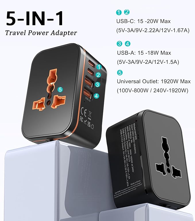 European Travel Plug Adapter, Travel Power Strip for US to EU France Germany Iceland Spain Italy, International Power Adaptor with 2 USB C, 2 USB A and Multi AC Outlets, Travel Essentials