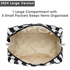 Narwey Checkered Makeup Bag Travel Cosmetic Bag Organizer Toiletry Bag Make Up Bags with Compartments for Women Girls (Large, Black Checkerboard)