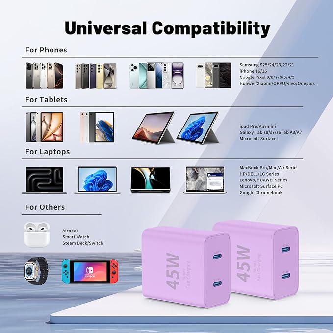 QZIIW iPhone 16 15 Pro Max Charger Fast Charging,45W Dual Port USB C Fast Charger Block [2-Pack] & Extra Long 60W 3/6/10/10FT USB C Cable - PD Quick Adapter 3.0 for iPhone 16 15/16 15Pro/16 15 Plus.