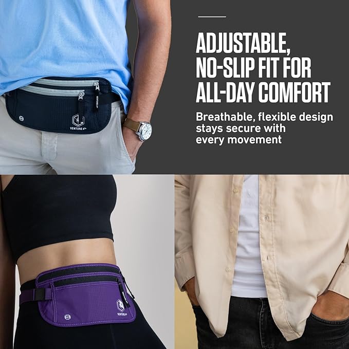 VENTURE 4TH RFID Money Belt for Travel with RFID Blocking Sleeves – Slim Hidden Travel Wallet & Passport Holder for Men & Women, Lightweight Anti-Theft Pouch to Protect Cash, Cards & Documents - Black