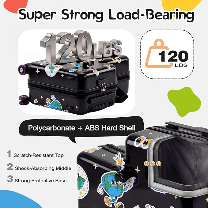 smilesun 20" Ride-On Suitcase for Kids, Cute Pattern, Lightweight Hardshell Carry-On Luggage with Double Spinner Wheels, TSA Lock for Boys & Girls（Black）