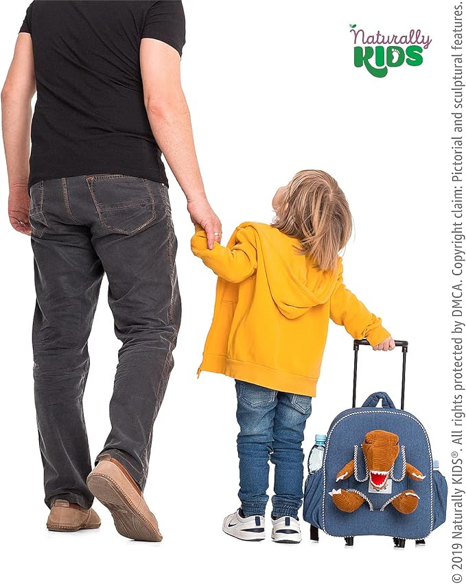 【Upgraded】Toddler Luggage for Boys w Removable Dinosaur Toy | Side & Inner Pockets, Reflective Logo, Name Tag | Kids Rolling Backpack | Travel & Birthday Gifts for 3 4 5 6 Year Old