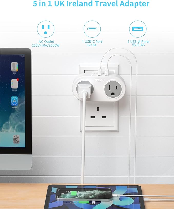 US to UK Ireland Travel Plug Adapter 2 Pack, VINTAR Type G Plug Adapter with 2 Outlets 3 USB Ports(1 USB-C), UK Power Adaptor for USA to England Scotland Dubai Hong Kong British Kenya London