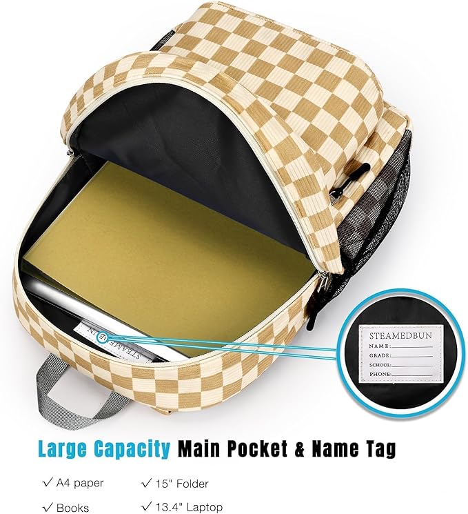 STEAMEDBUN Corduroy Kids Backpack for Girls Boys 3-8, Boys Girls Backpack for Elementary Kindergarten - Checkered