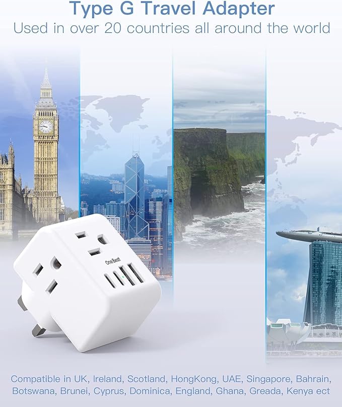 2 Pack US to UK Ireland Travel Plug Adapter, Type G Power Plug Adapter with 3 Outlets 4 USB Ports(2USB C), European Travel Plug Adapter for USA to England London Scotland British Qatar Irish Hongkong