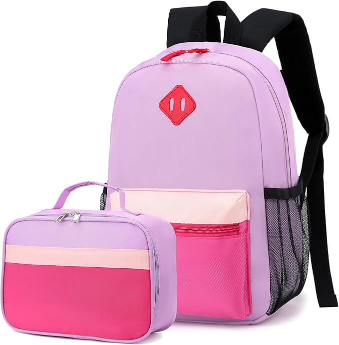 Backpack Set for Girls Boy Kids Backpack with Lunch Box for Elementary Primary Kindergarten School Bag (Taropurple Pink, Large)